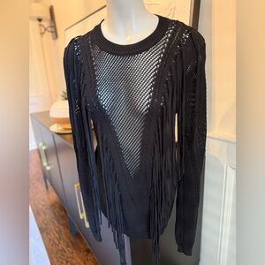 RD style Anthropologie Black Fringe‎ Mesh Women's Top. Sexy!!
